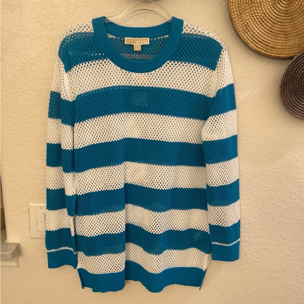 Michael Kors‎ blue and white striped crochet knit sweater Large NWT with slits